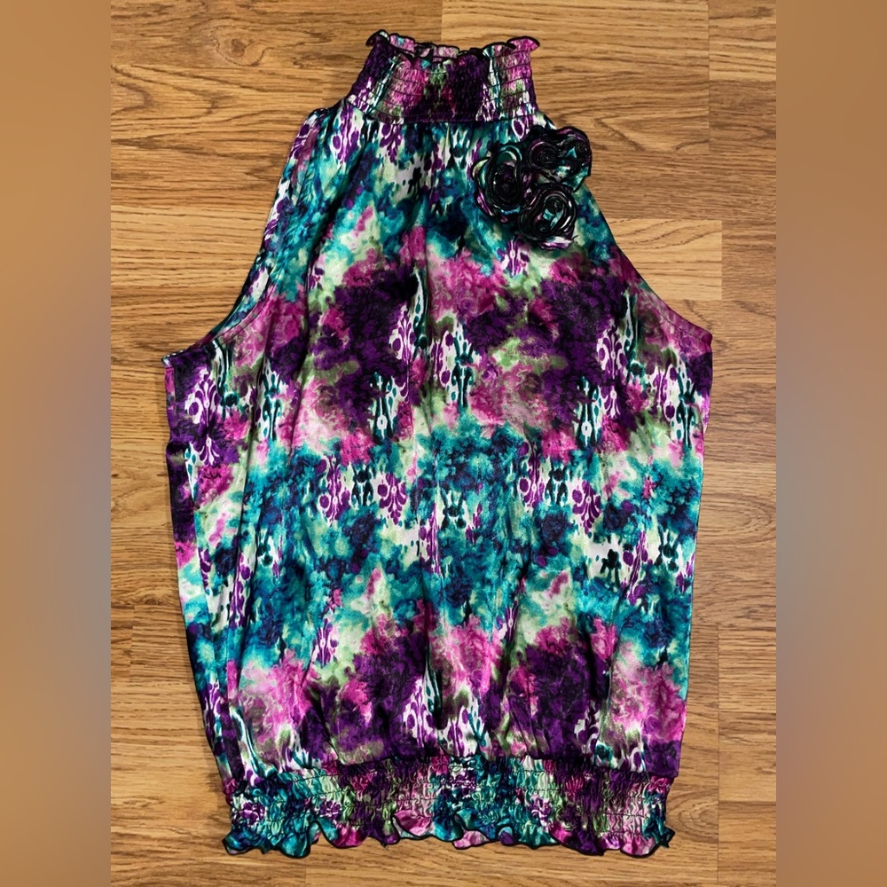 IZ Byer Colorful Sleeveless Blouse Women’s Large Elastic Neck Waist EUC